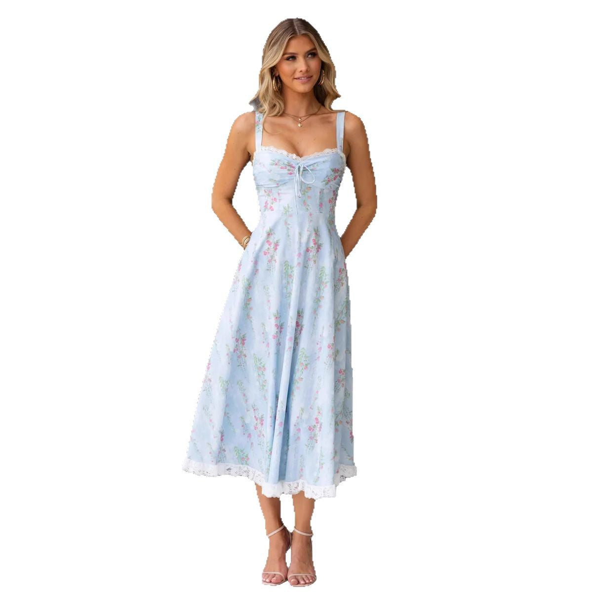 Women’s Midi Dress – A-Line Fit – Spaghetti Strap – Floral Lace – Gathered Bust