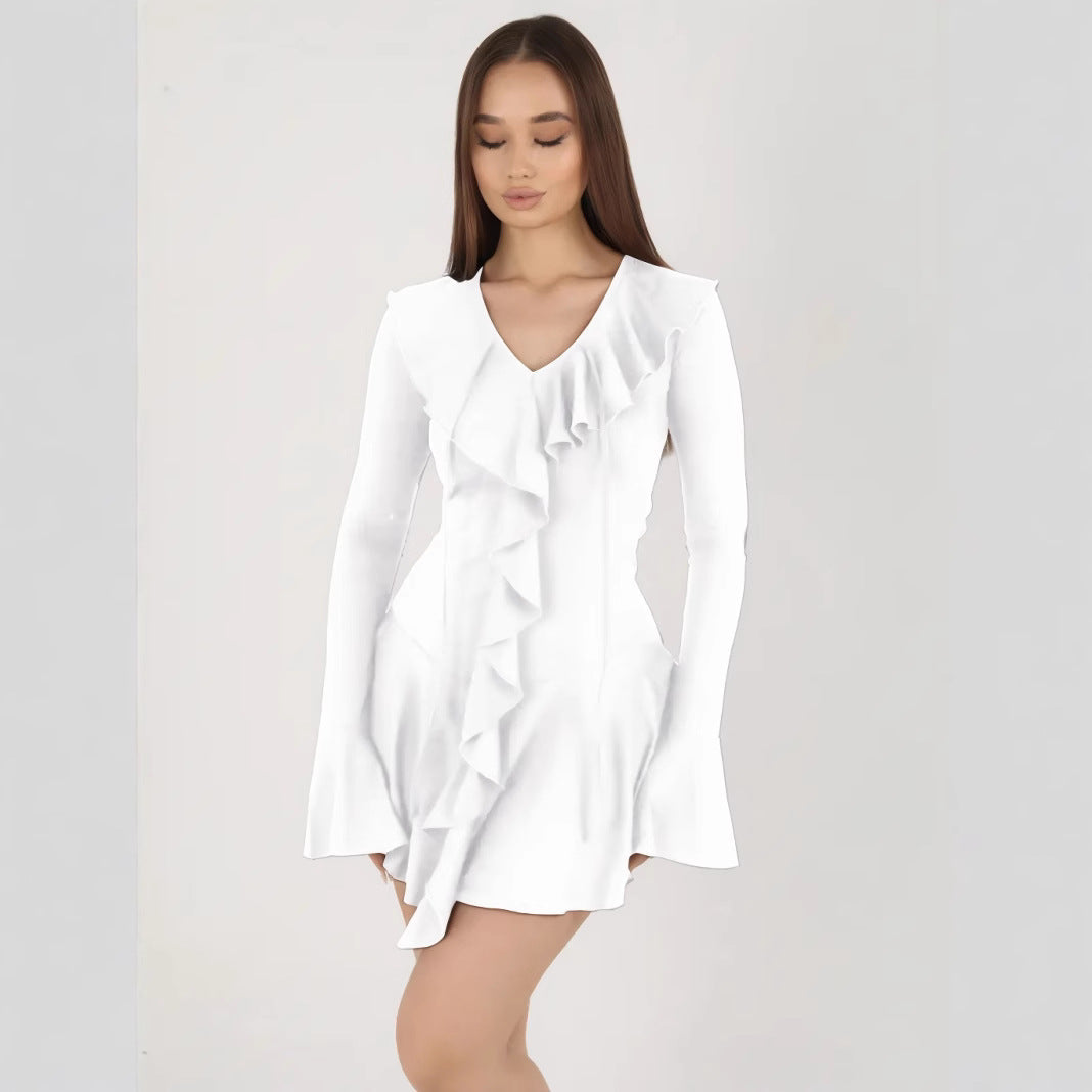 Women’s Mini Dress – Slim Fit – V-Neck – Ruffle Front – Bell Sleeve – Stretch Fabric