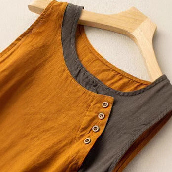 Women’s Sleeveless Top – Relaxed Fit – Asymmetrical Hem – Button Accent – Natural Fibers