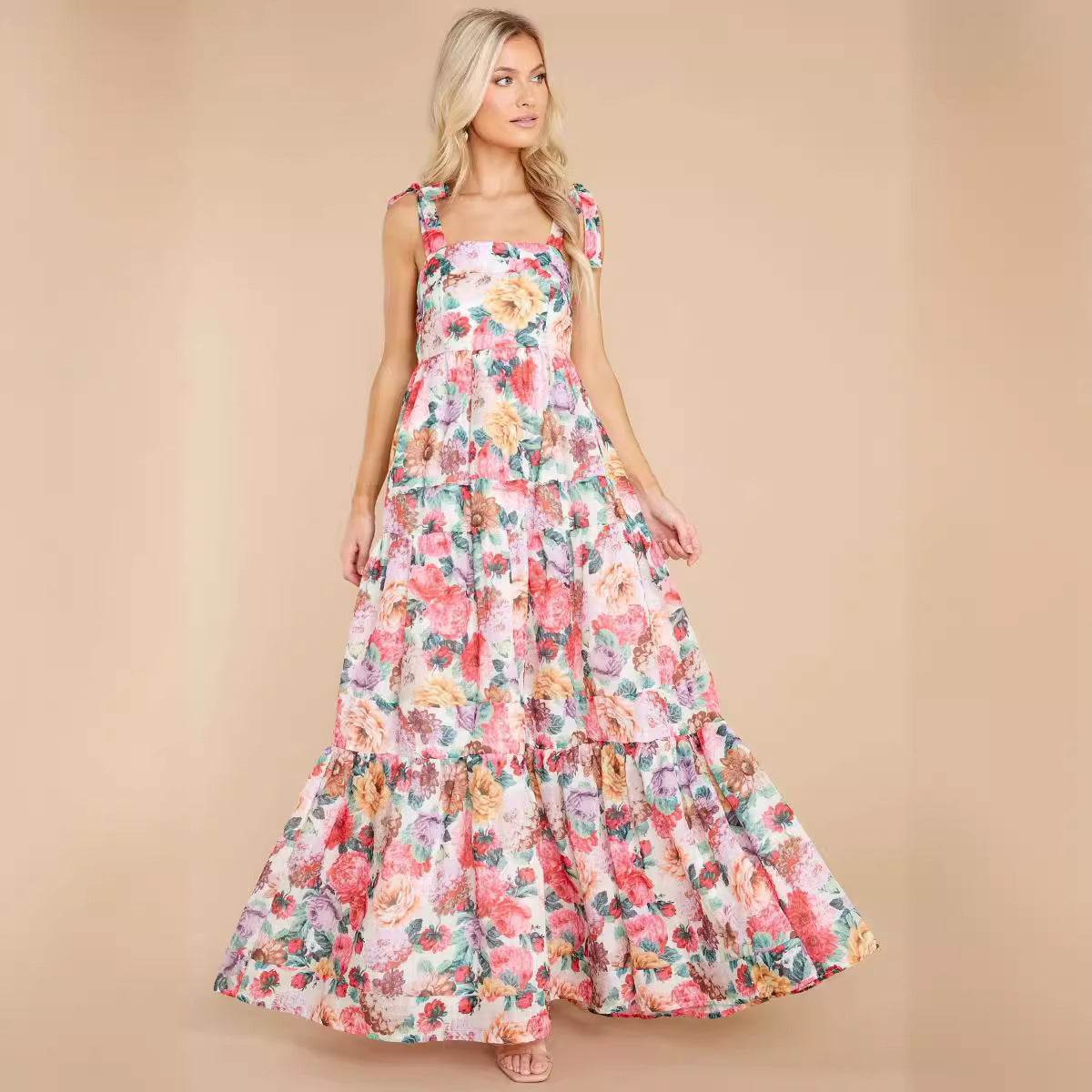 Women’s Maxi Dress – One Shoulder – Floral Print – Tiered A-Line – Cotton Blend
