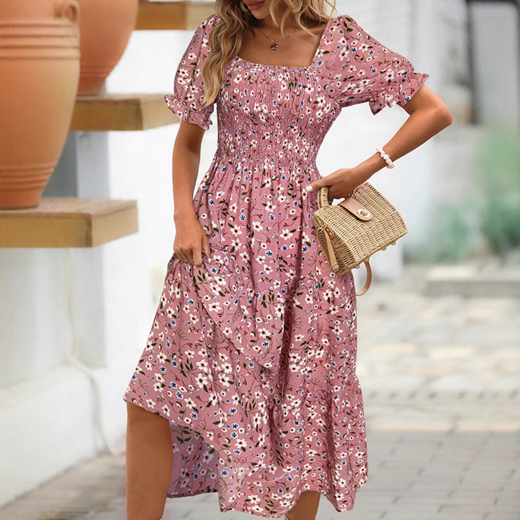 Women’s Midi Dress – Cotton Blend – Empire Waist – Puff Sleeve – Floral Print – Square Neck