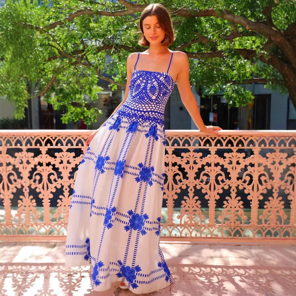 Women’s Long Dress – Crochet Lace Bodice – A-Line Fit – Spaghetti Straps – Flowy Skirt