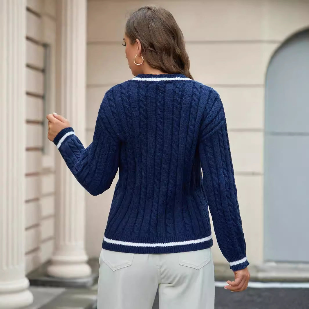 Women’s V-Neck Sweater – Relaxed Fit – Cable Knit – Soft Knit – Ribbed Trim