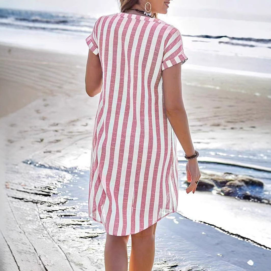 Women’s Shirt Dress – Relaxed Fit – Button Front – Vertical Stripes – Breathable Blend