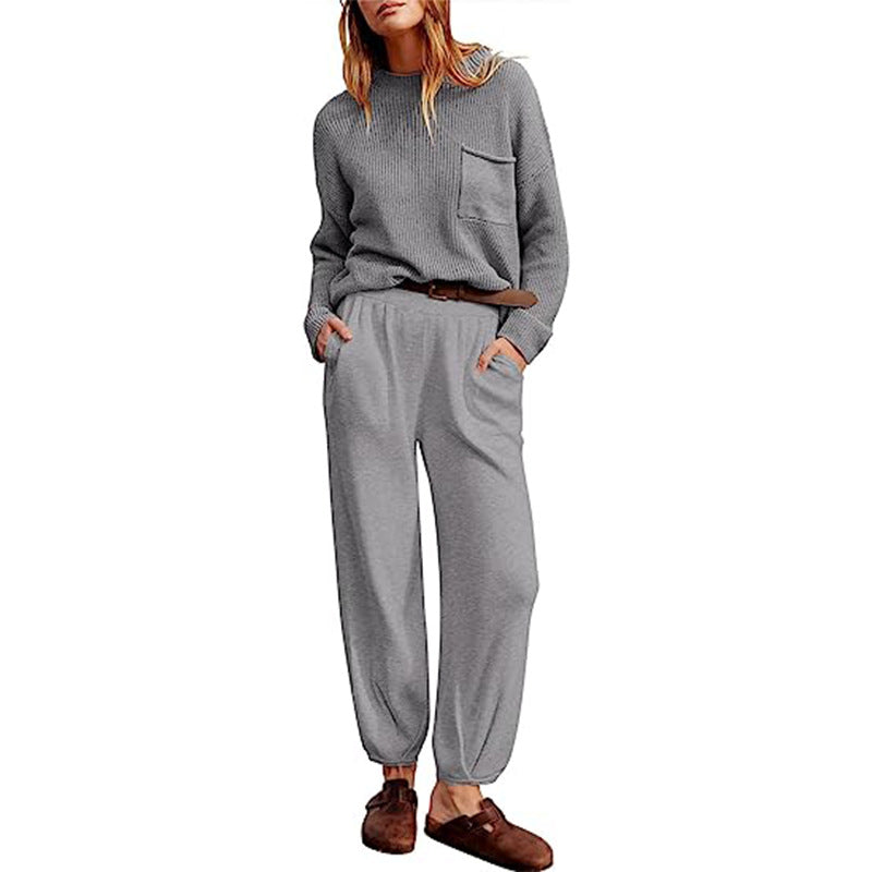 Women’s Two-Piece Set – Soft Knit Top – Elastic Waist Joggers – Relaxed Fit