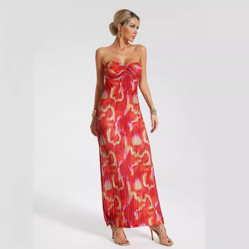 Women’s Strapless Maxi Dress – Slim Fit – Pleated Fabric – Abstract Print – Formal Wear