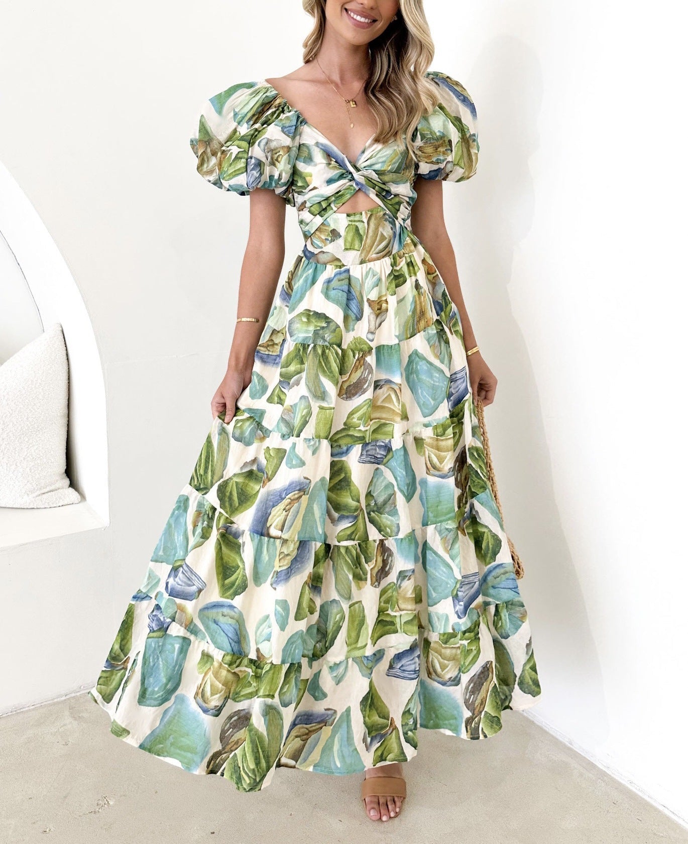 Women’s Maxi Dress – Lightweight Cotton – Puff Sleeve – Tiered Skirt – Gathered Bodice