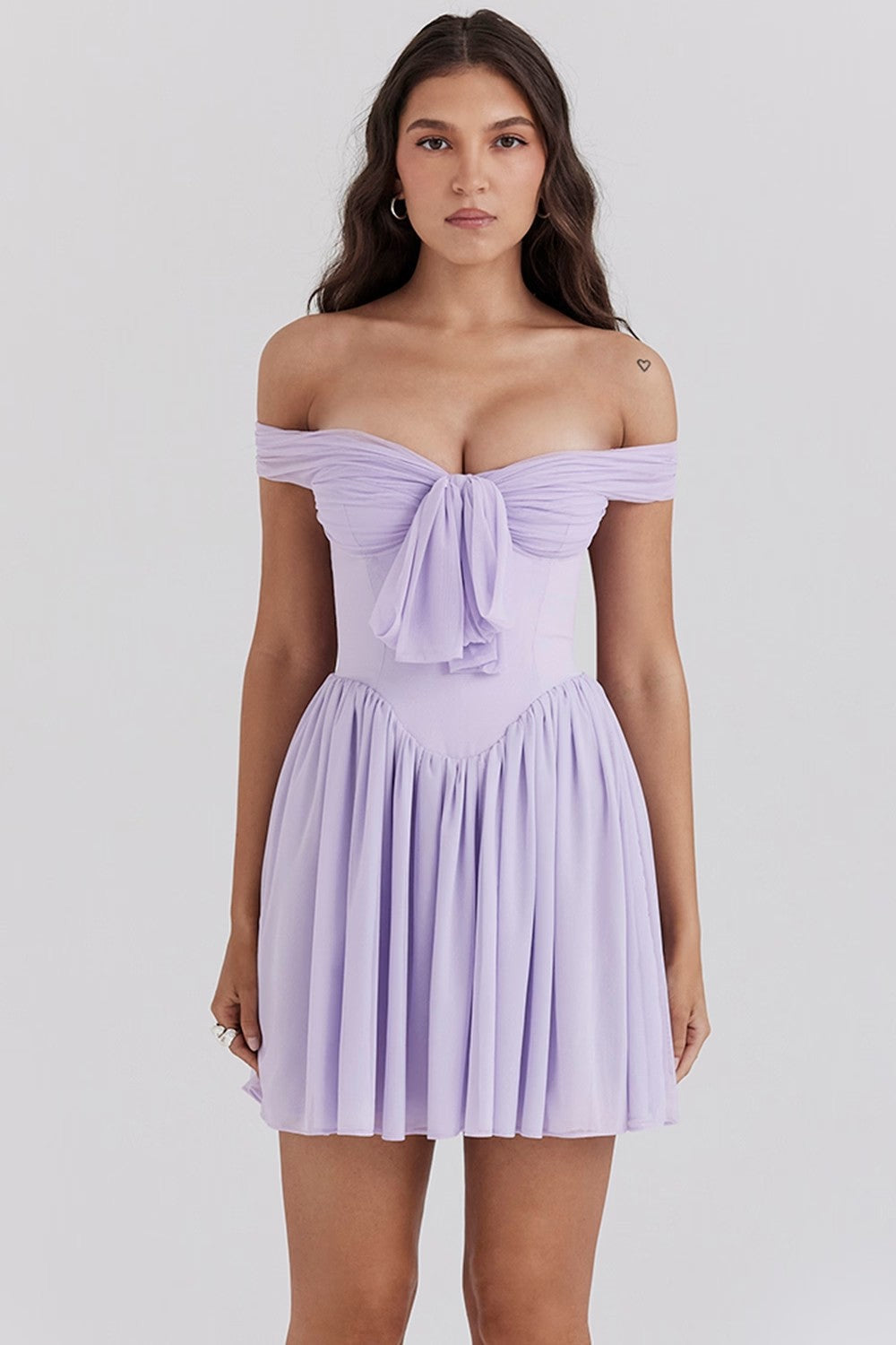 Women’s Mini Dress – Off Shoulder – Bow Front – Fit and Flare – Lightweight Casual Wear