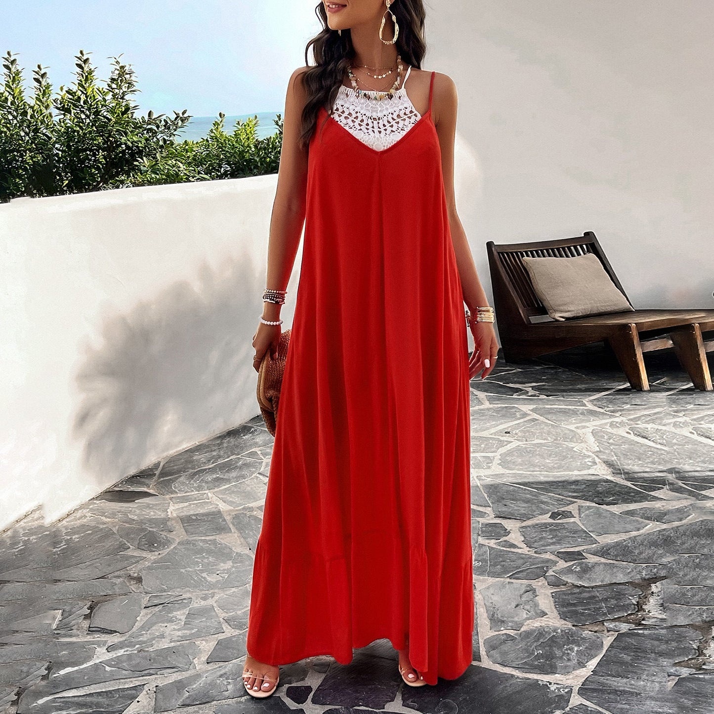 Women’s Maxi Dress – A-Line Fit – V-Neck – Spaghetti Straps – Lace Detail – Cotton Blend