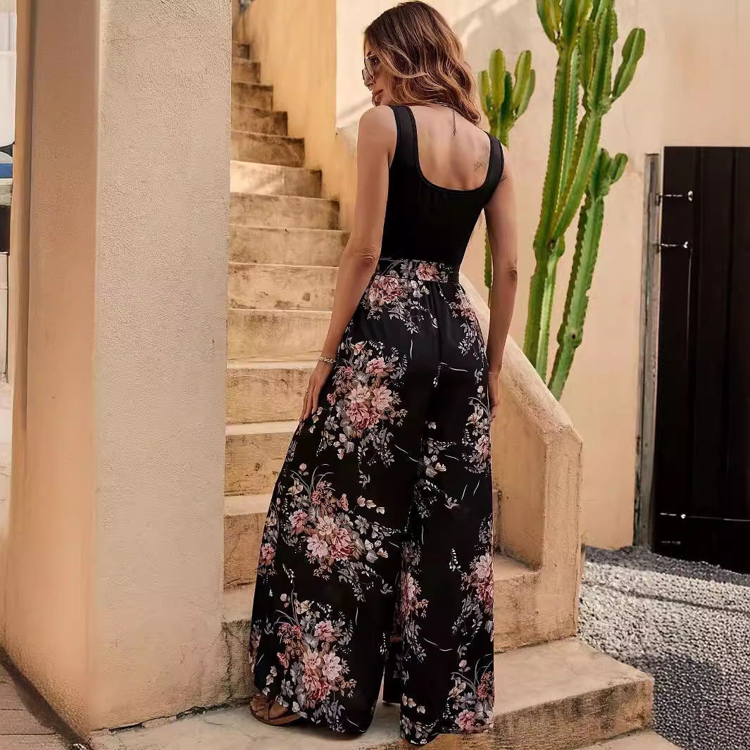 Women’s Jumpsuit – Floral Print – Sleeveless – Wide Leg – Relaxed Fit – Defined Waist