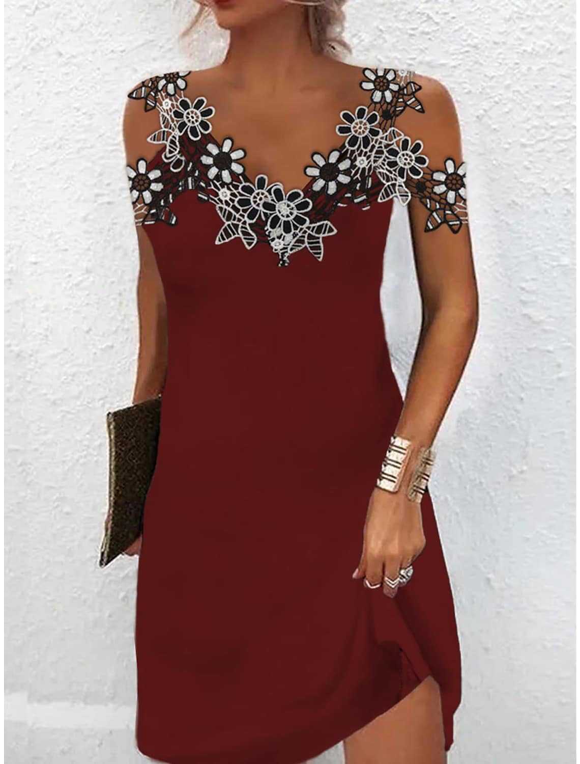 Women’s Mini Dress – Slim Fit – V-Neck – Embroidered Lace – Sleeveless Luxury Fabric