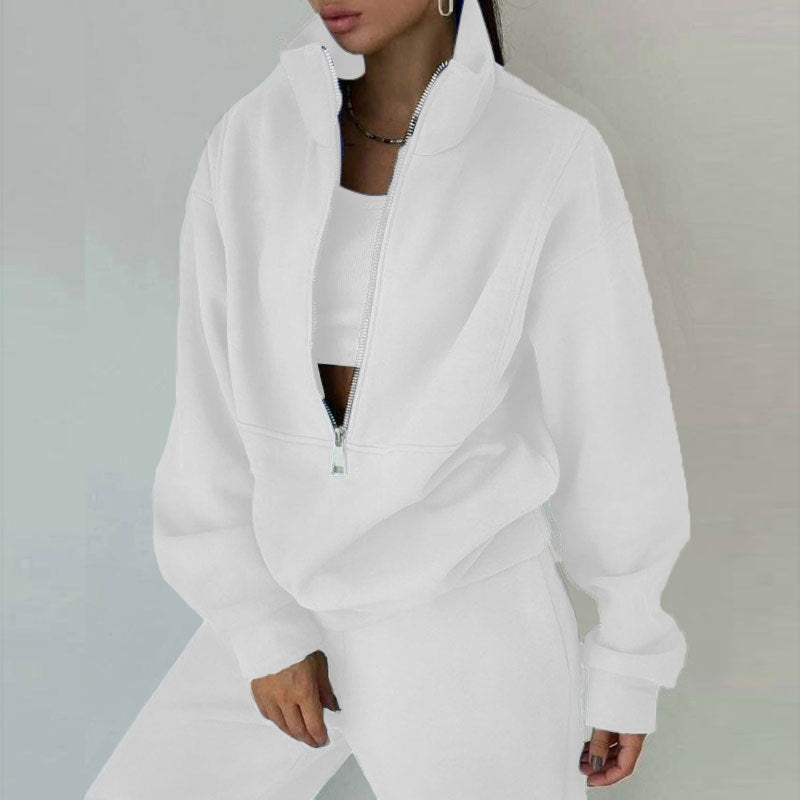 Women’s Tracksuit Set – Relaxed Fit – Half-Zip Pullover – Crop Layer – Full-Length Pants