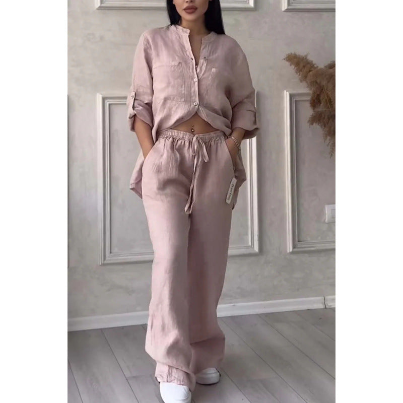 Women’s Shirt and Pants Set – Linen Blend – Relaxed Fit – Wide Leg – Button Down Top