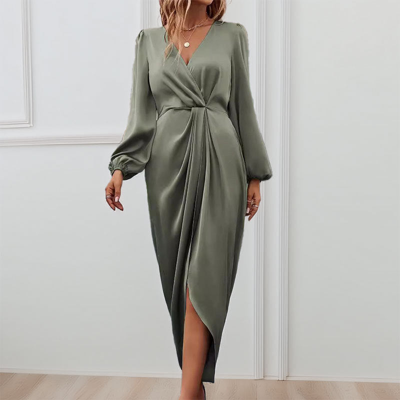 Women’s Long Sleeve Dress – Satin Look – Slim Fit – V-Neck – Ruched Waist – Slit Hem