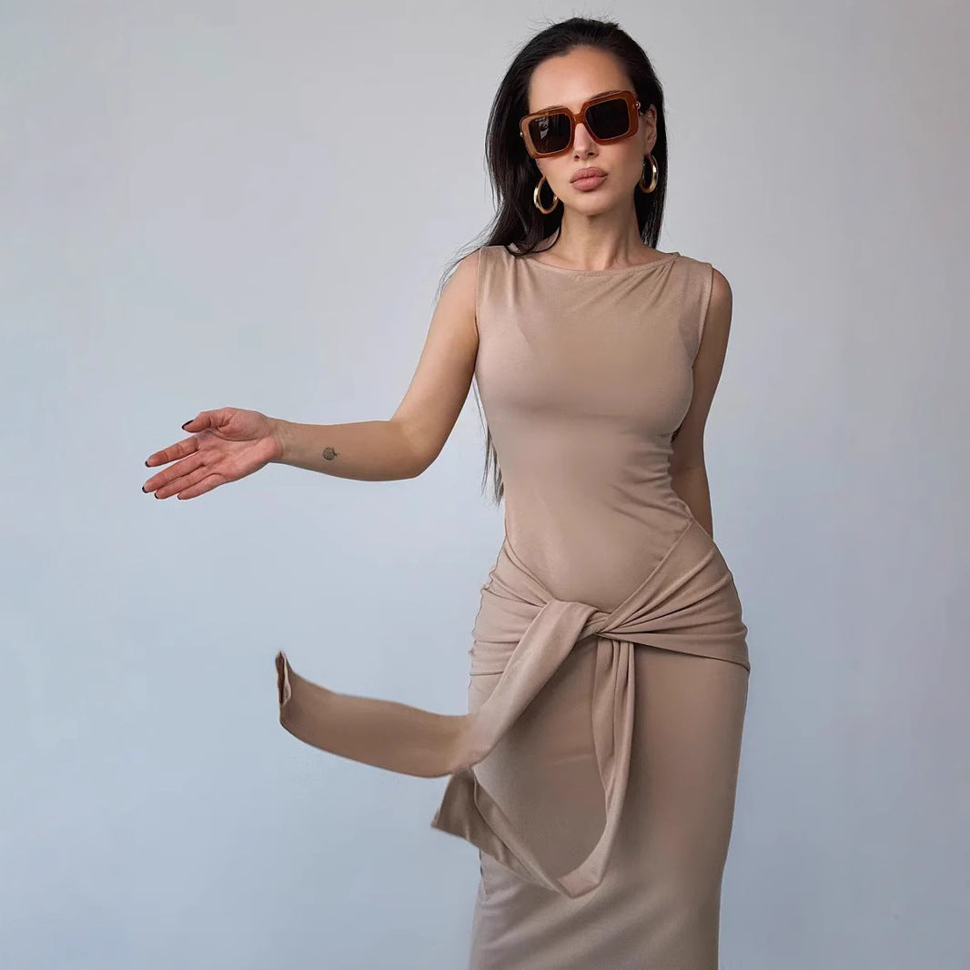 Women’s Bodycon Dress – Slim Fit – Sleeveless Maxi – Round Neck – Waist Tie Elegant Wear