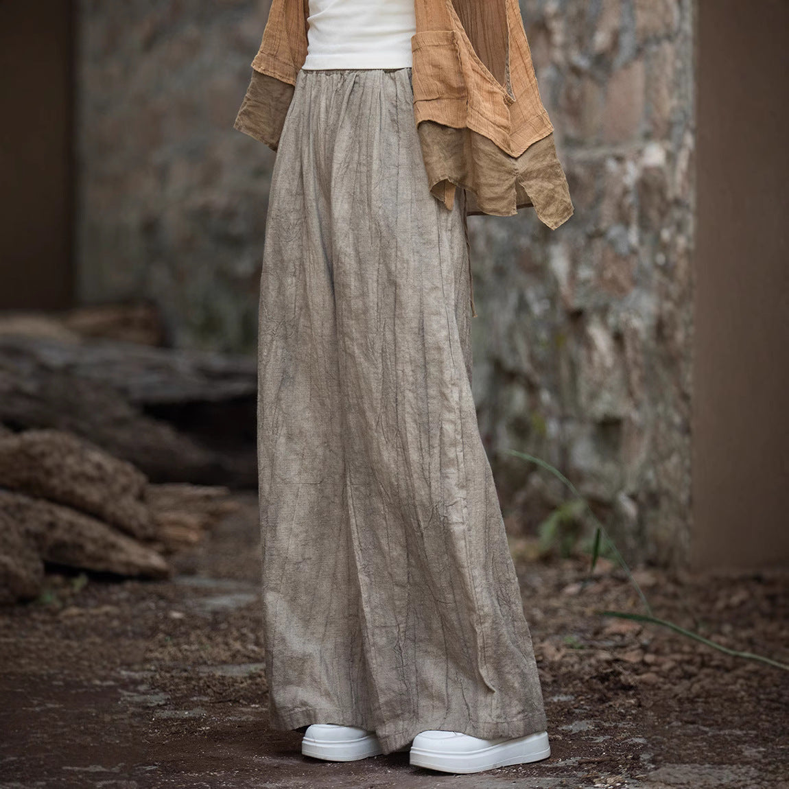 Women’s Wide-Leg Trousers – Linen Cotton Blend – Relaxed Fit – Elastic Waistband Casual Wear