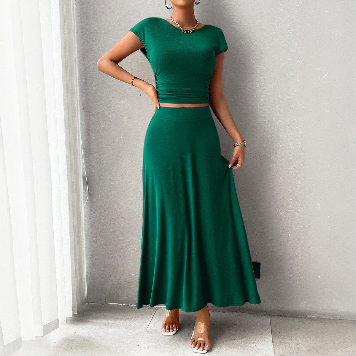 Women’s Crop Top and Skirt Set – Slim Fit Ruched Top – Full-Length Flowing Skirt