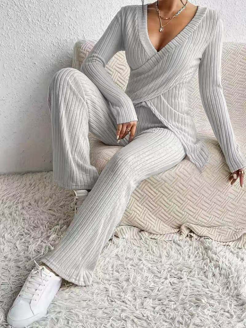Women’s Two-Piece Set – Ribbed Knit – Wrap V-Neck Top – Relaxed Fit Pants