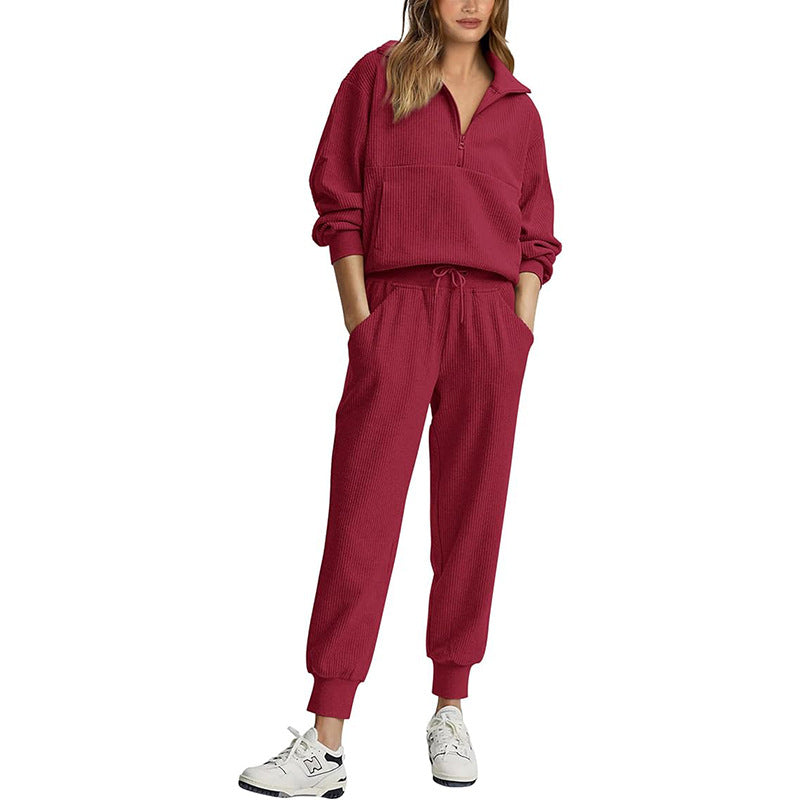 Women’s Tracksuit Set – Relaxed Fit – Half Zip Top – Drawstring Pants