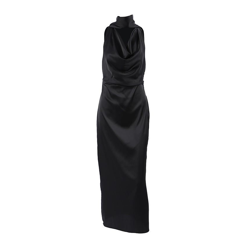 Women’s Midi Dress – Satin Bodycon – Halter Neck – Draped Cowl Neckline