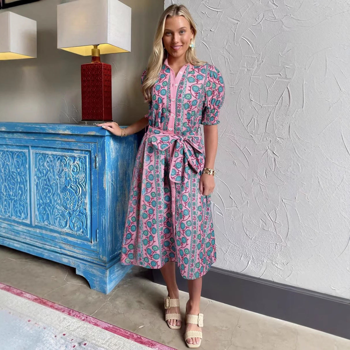 Women’s Midi Dress – Floral Print – Puff Sleeve – Belted Fit – Button Front – High Waist