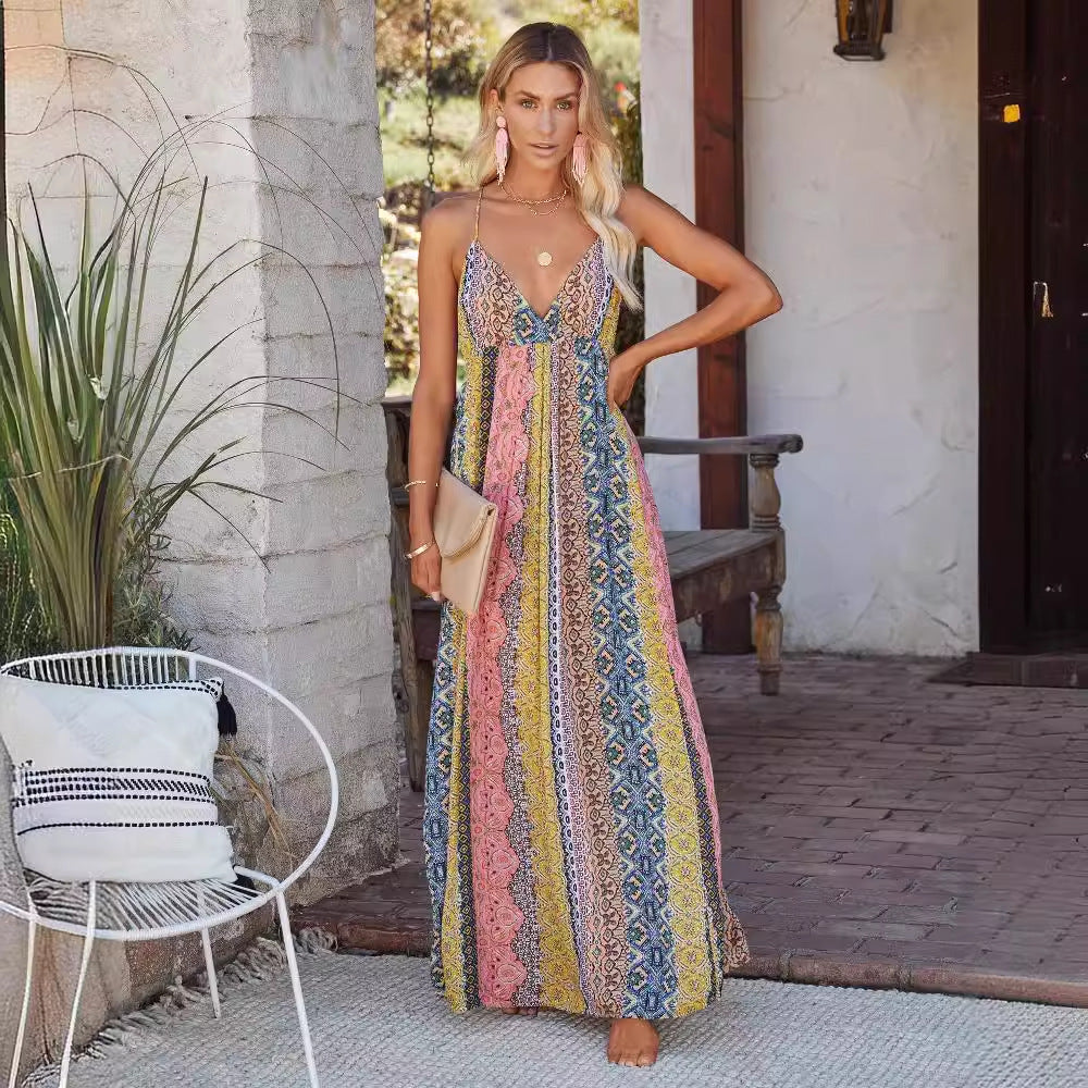Women’s Maxi Dress – Lightweight Cotton Blend – Open Back – Flowy Fit – V-Neck Strap