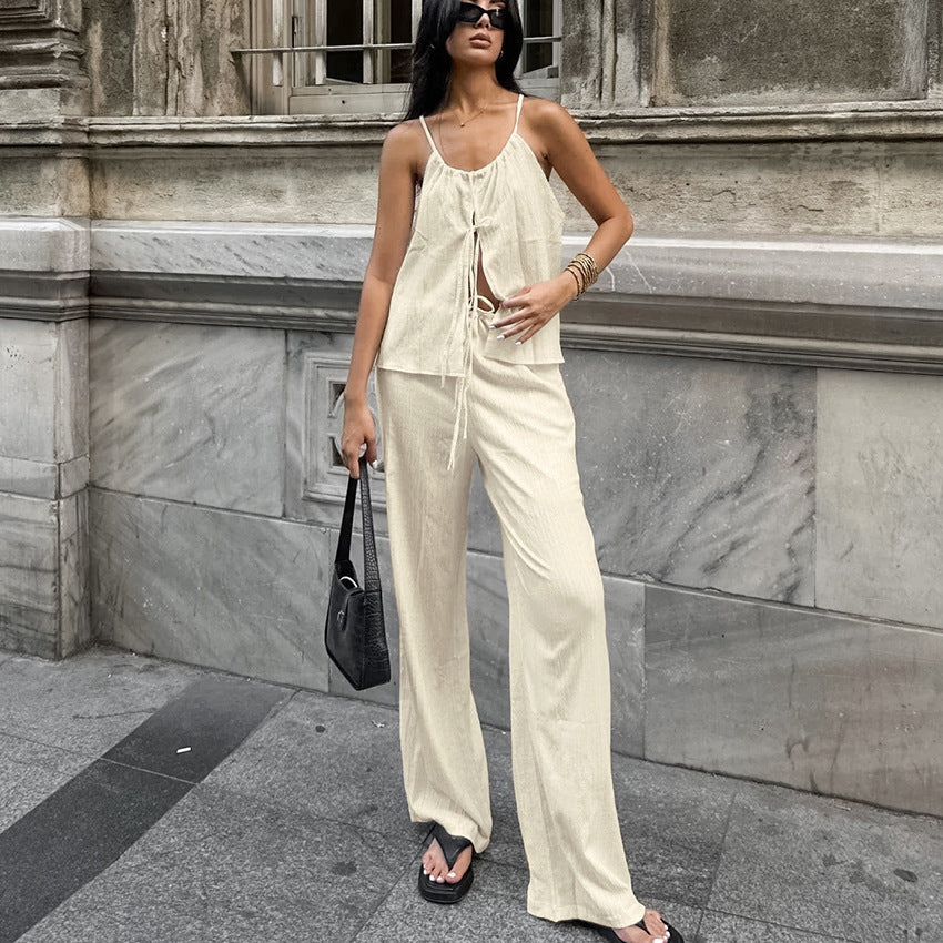 Women’s Two-Piece Set – Linen Blend – Tie Front Crop Top – Wide-Leg Drawstring Pants