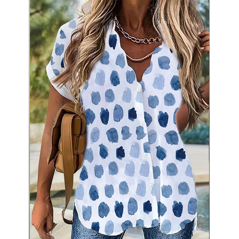 Women’s Blouse – Relaxed Fit – Short Sleeve – Button Down – Natural Fibers – Abstract Print
