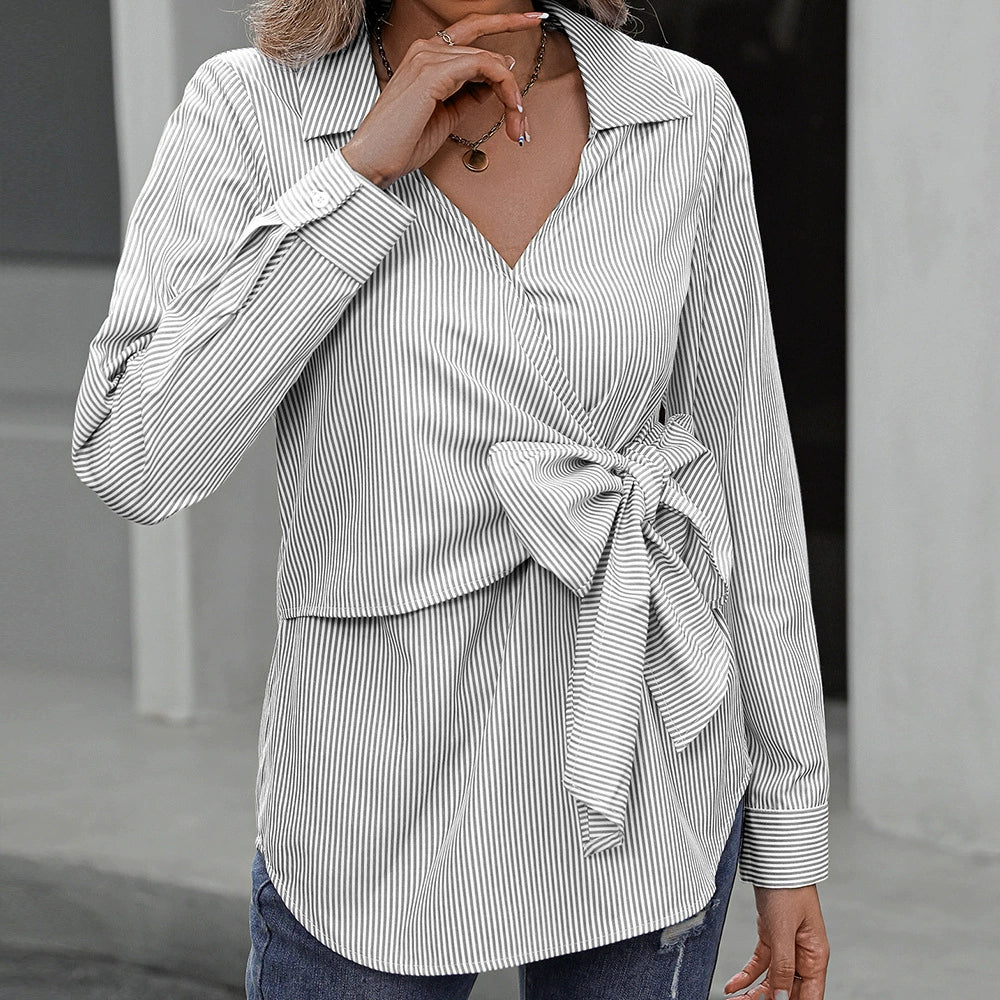 Women’s Long Sleeve Shirt – Slim Fit – Knot Waist – Vertical Stripe – Cotton Blend
