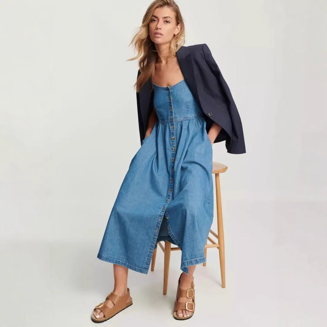 Women’s Midi Dress – Denim A-Line – Spaghetti Straps – Elastic Back Casual Fit