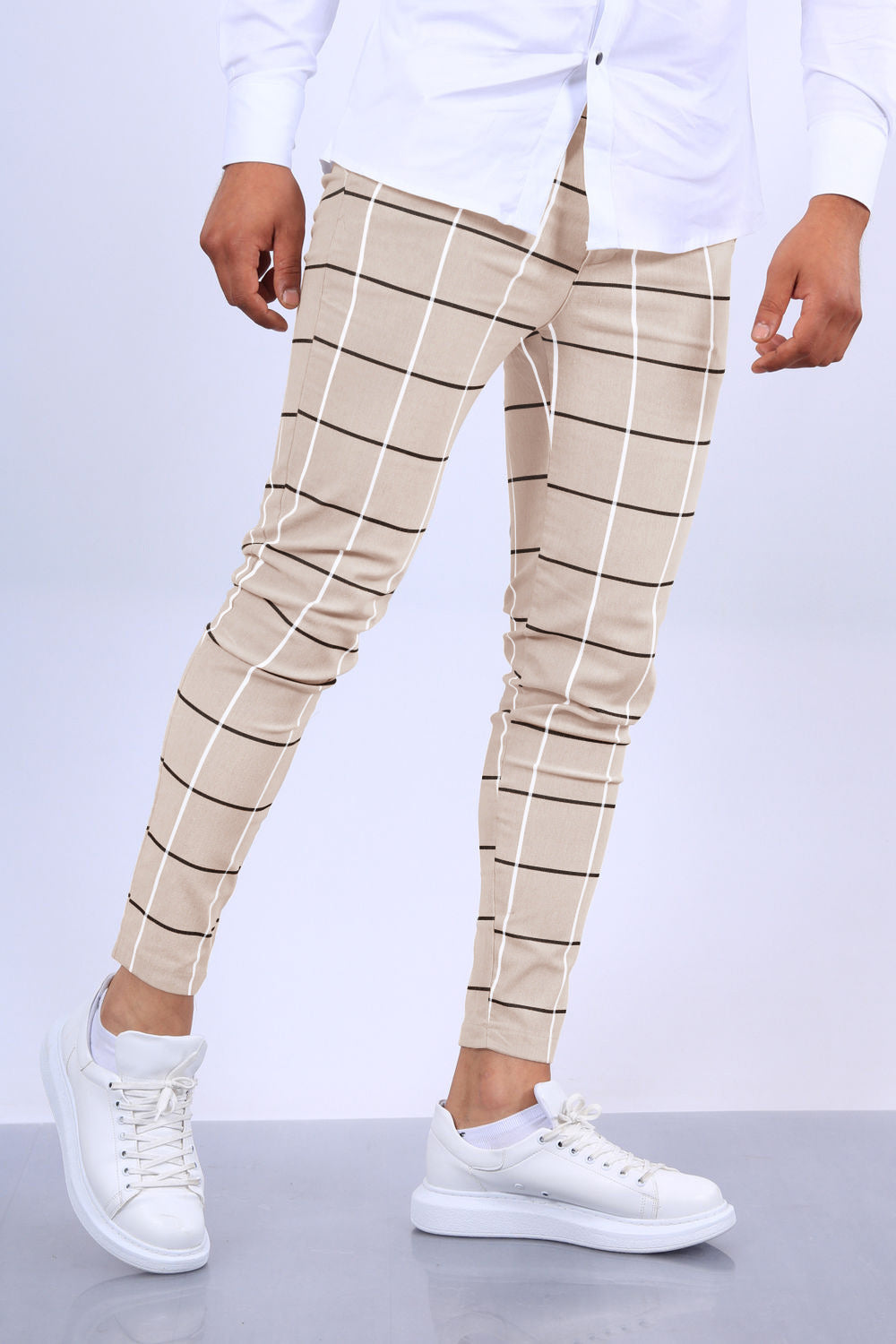 Men’s Slim Fit Pants - Cotton - Ankle Length - Windowpane Plaid Pattern