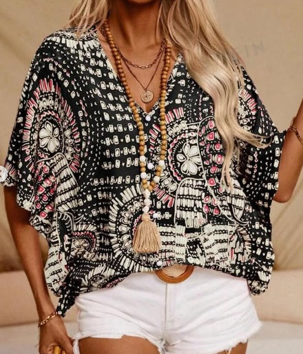 Women’s V-Neck Top – Relaxed Fit – Batwing Sleeves – Lightweight Boho Print