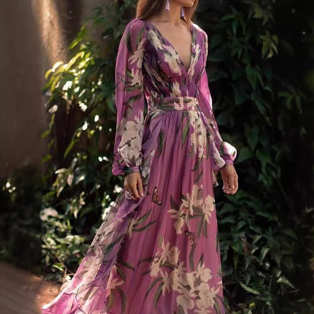 Women’s Long Dress – Sheer Chiffon – Floral Print – V-Neck – Flowing Fit – Long Sleeve