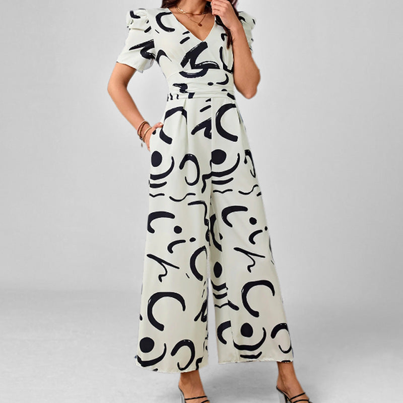 Women’s Jumpsuit – V-Neck – Puff Sleeve – Wide Leg – Abstract Print – Elegant Fit