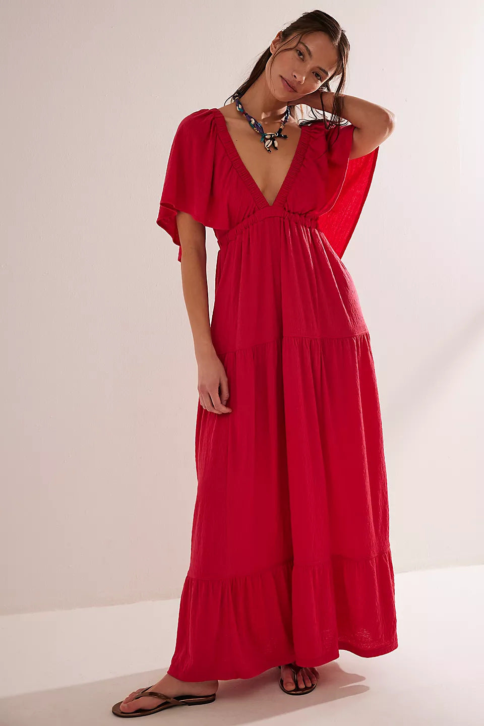 Women’s Maxi Dress – Lightweight Flowy Fit – V-Neck – Open Back – Tiered with Slit