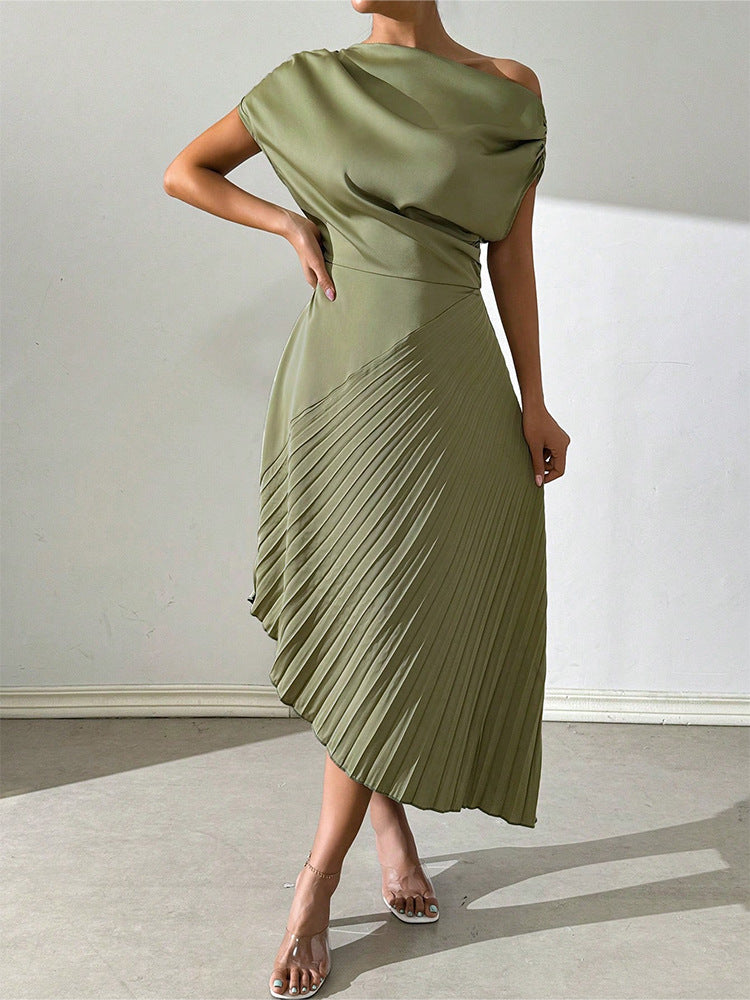 Women’s Midi Dress – One Shoulder – Satin Finish – Pleated Skirt – Fitted Silhouette