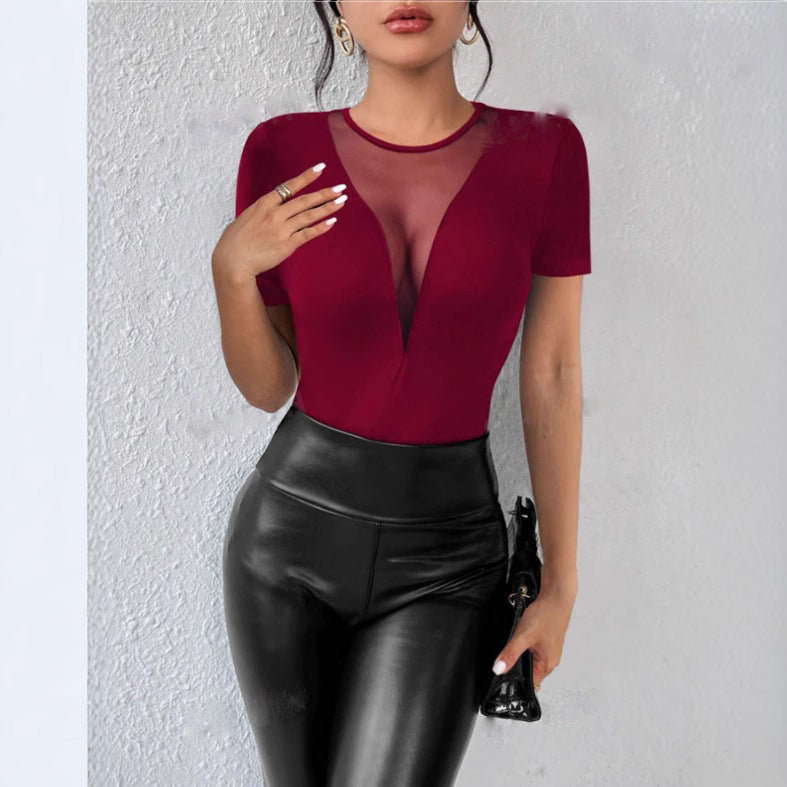 Women’s Shirt – Slim Fit – Deep V-Neck – Sheer Mesh Detail – Short Sleeve – Breathable Blend