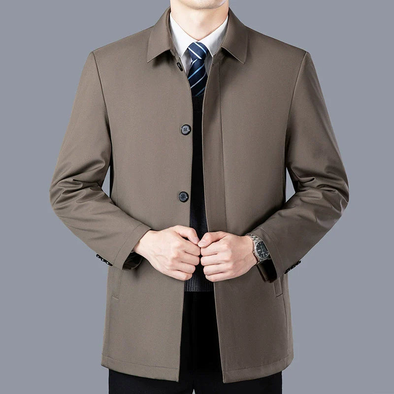 Men’s Mid-Length Jacket – Tailored Fit – Cotton – Lapel Collar – Button Closure
