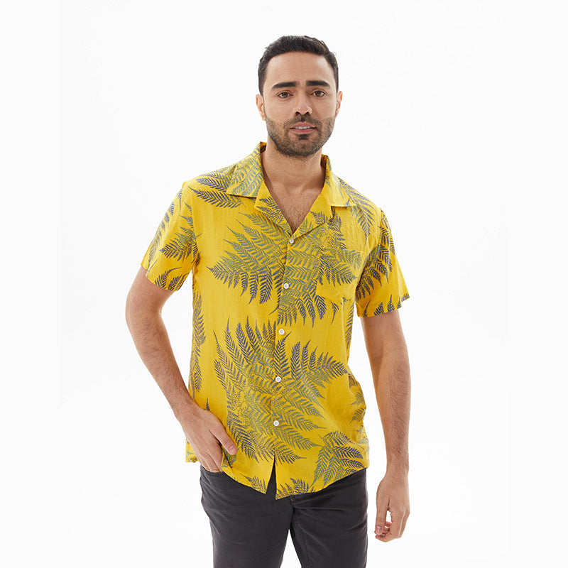 Men’s Short Sleeve Shirt – Relaxed Fit – Leaf Print – Button Up – Lightweight Breathable