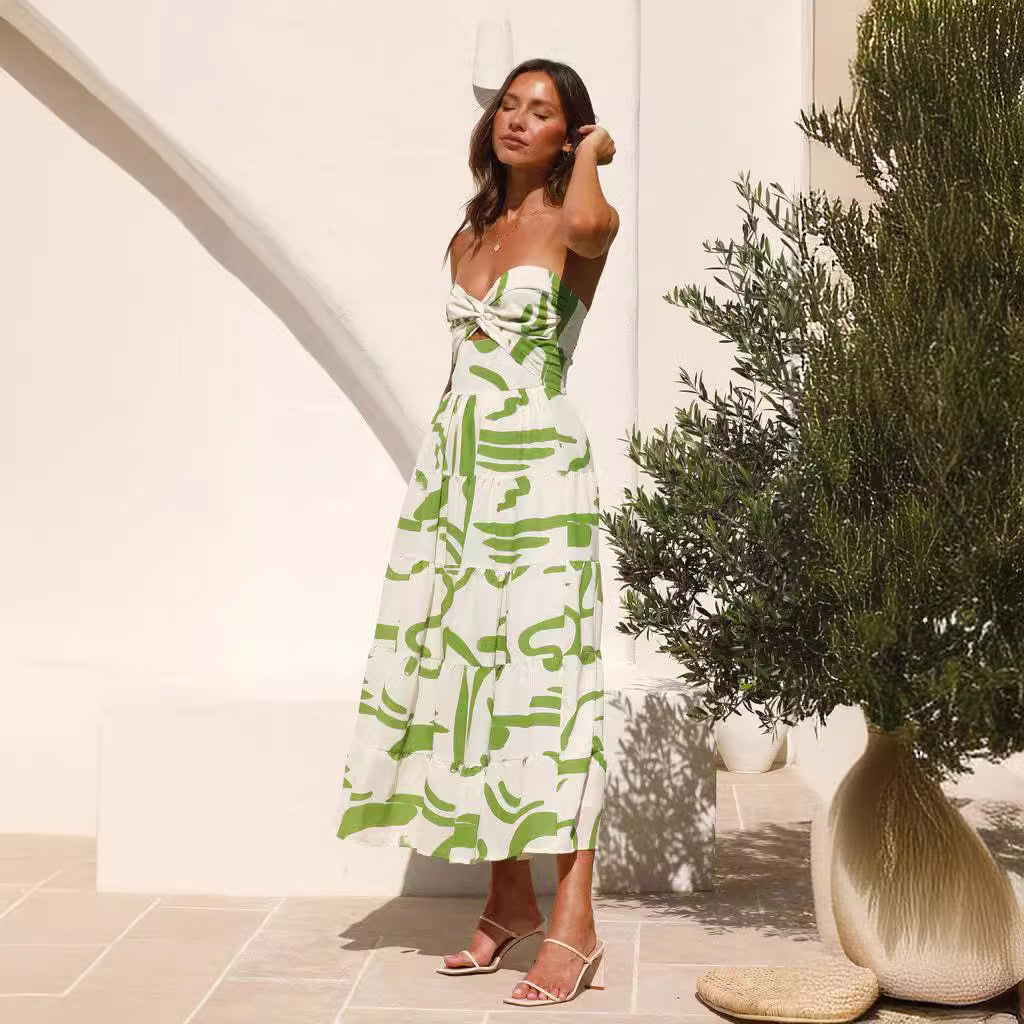 Women’s Maxi Dress – V-Neck – Ruched Bust – Open Back Tie – Flared A-Line Fit