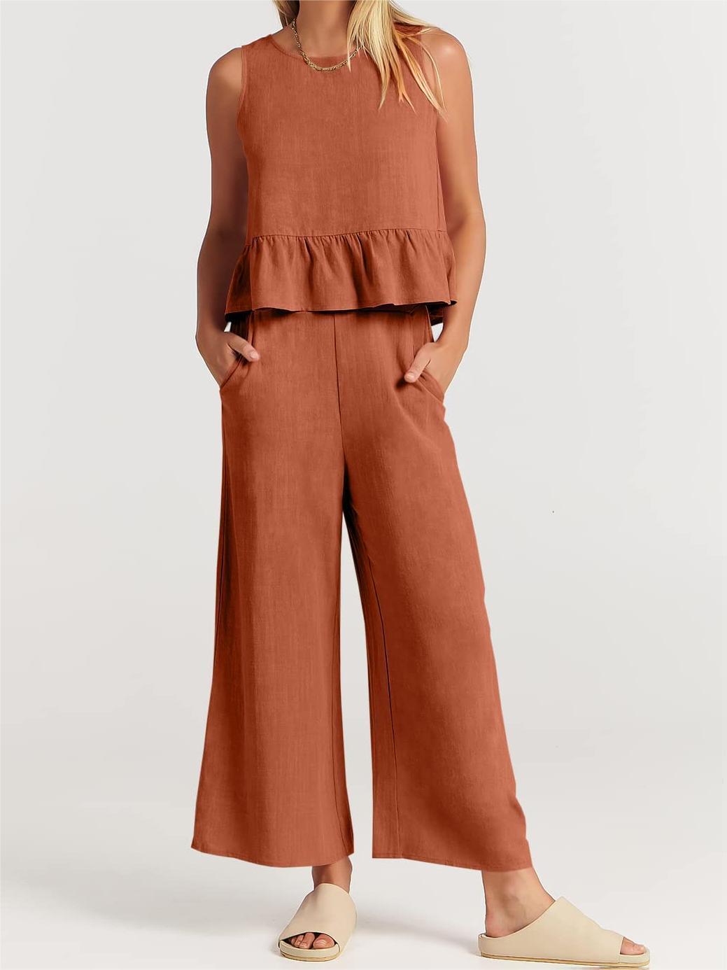 Women’s Two-Piece Set – Relaxed Fit – Sleeveless – Round Neck – Lightweight Cotton Blend