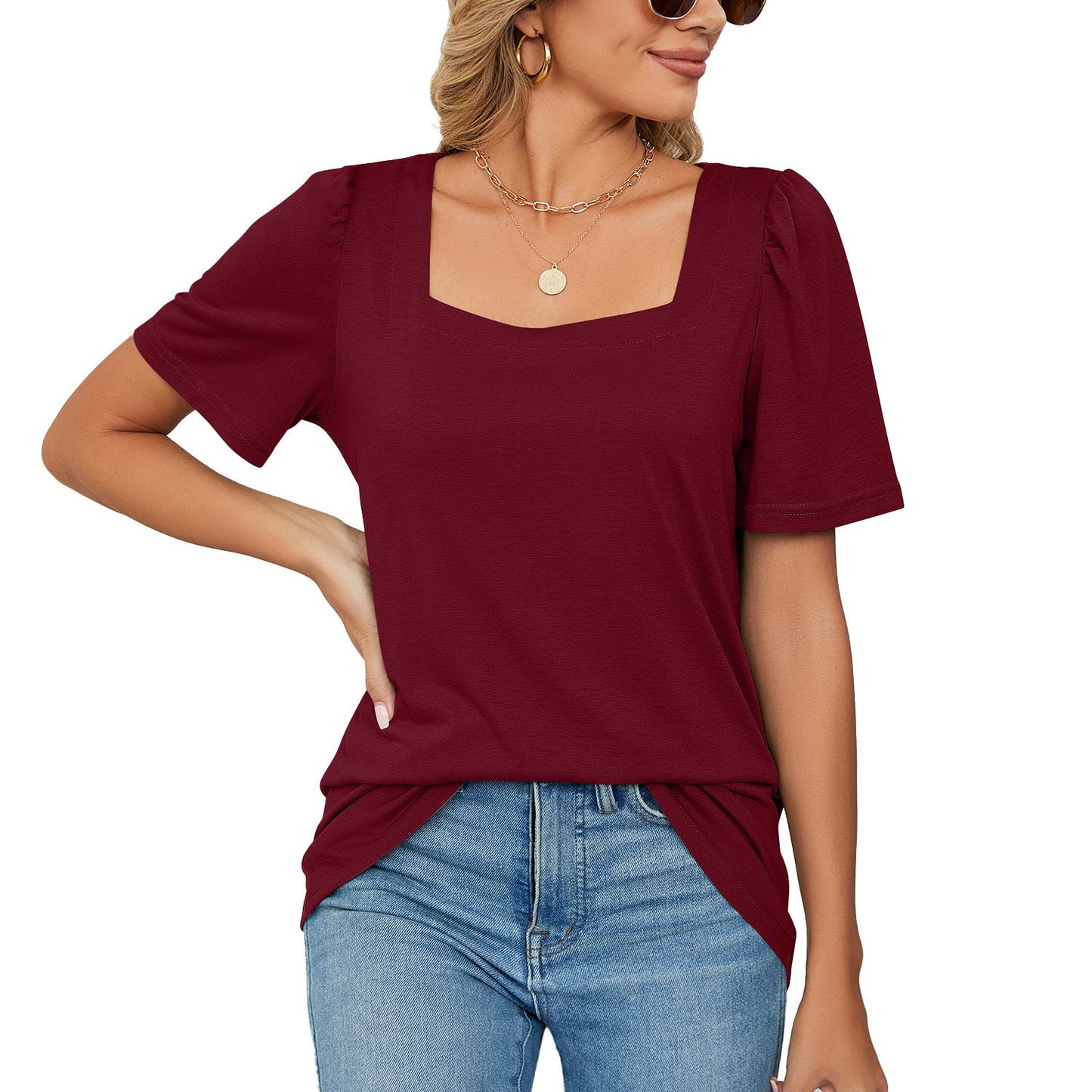 Women’s T-Shirt – Square Neck – Puff Sleeves – Soft Knit – Relaxed Fit Casual Wear