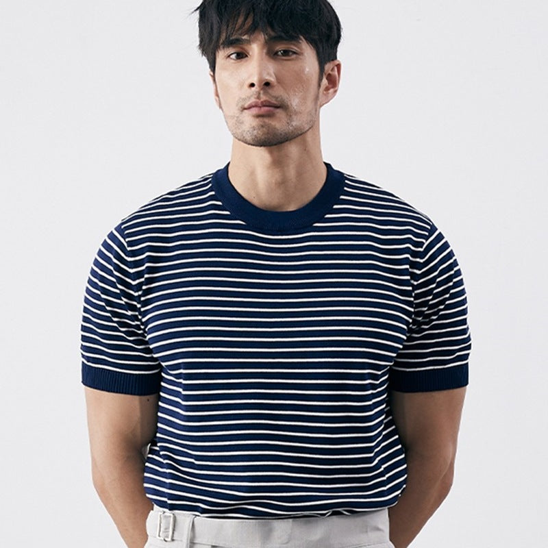 Men’s T-shirt – Slim Fit – Knit Cotton Blend – Horizontal Stripe – Ribbed Trim