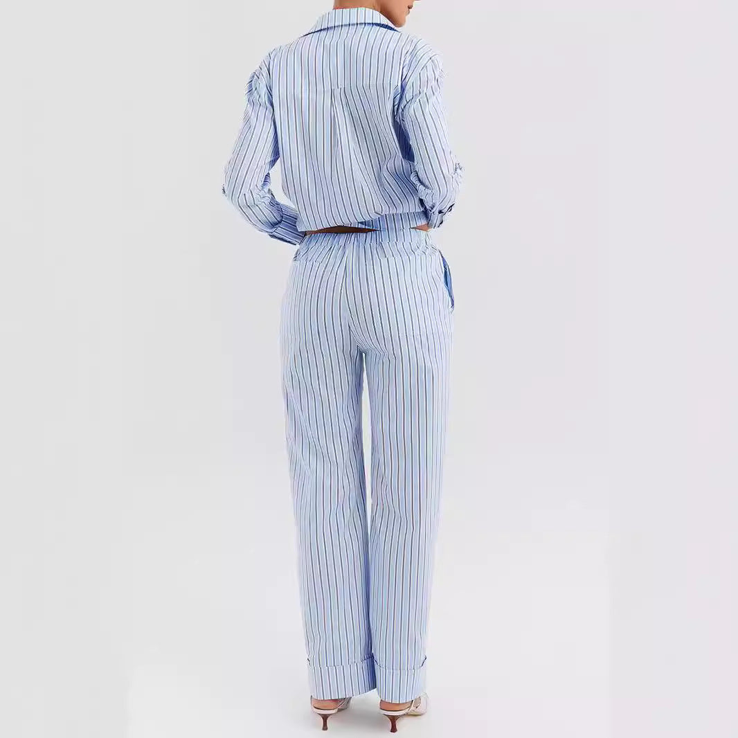 Women’s Shirt and Pants Set – Cotton Blend – Relaxed Fit – Striped – Wide-Leg Style