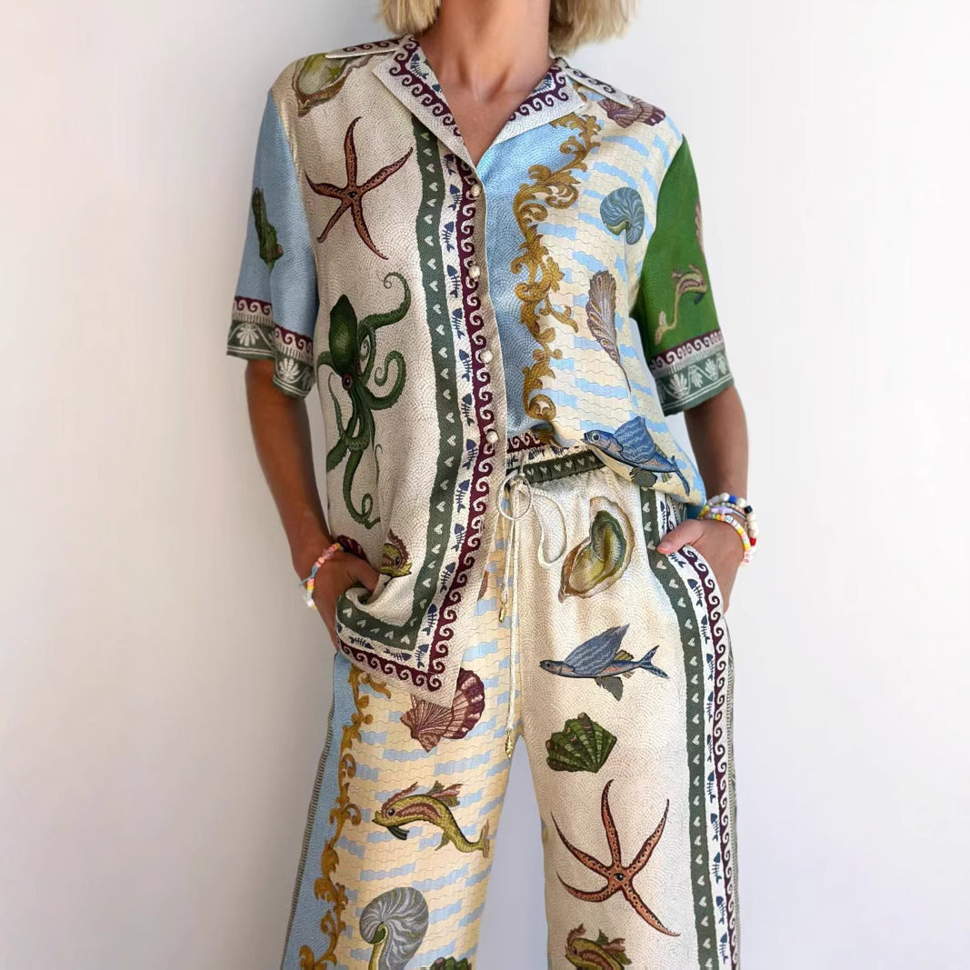 Women’s Shirt and Pants Set – Linen Blend – Relaxed Fit – Wide Leg – Marine Print