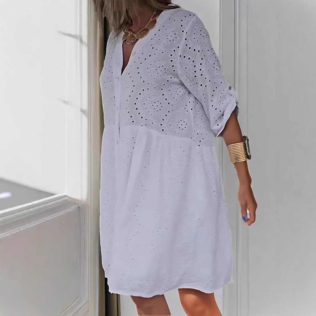 Women’s Midi Dress – Lace A-Line Fit – Embroidered Eyelet – V-Neck Button Front