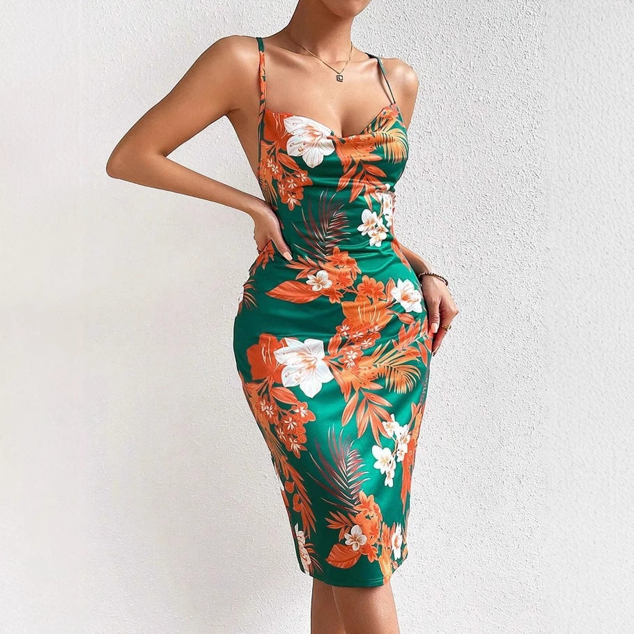 Women’s Midi Dress – Fitted Silhouette – Spaghetti Straps – Scoop Neck – Floral Print – Side Slit