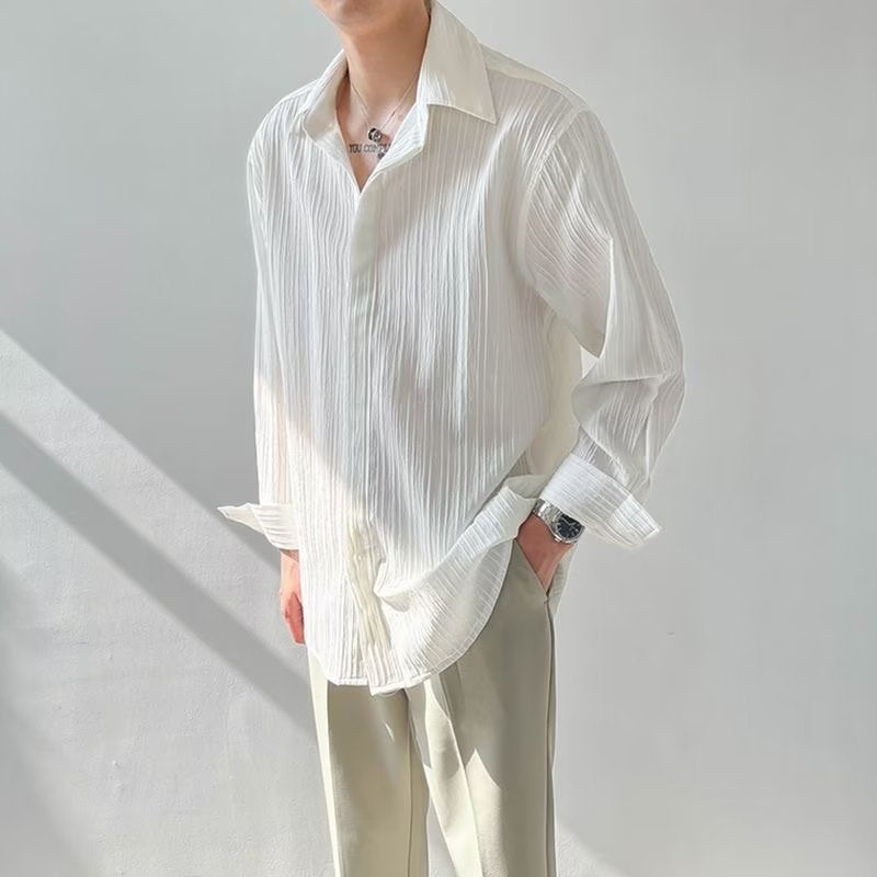 Unisex Long Sleeve Shirt – Crinkle Fabric – Oversized Fit – Button Down Casual Style