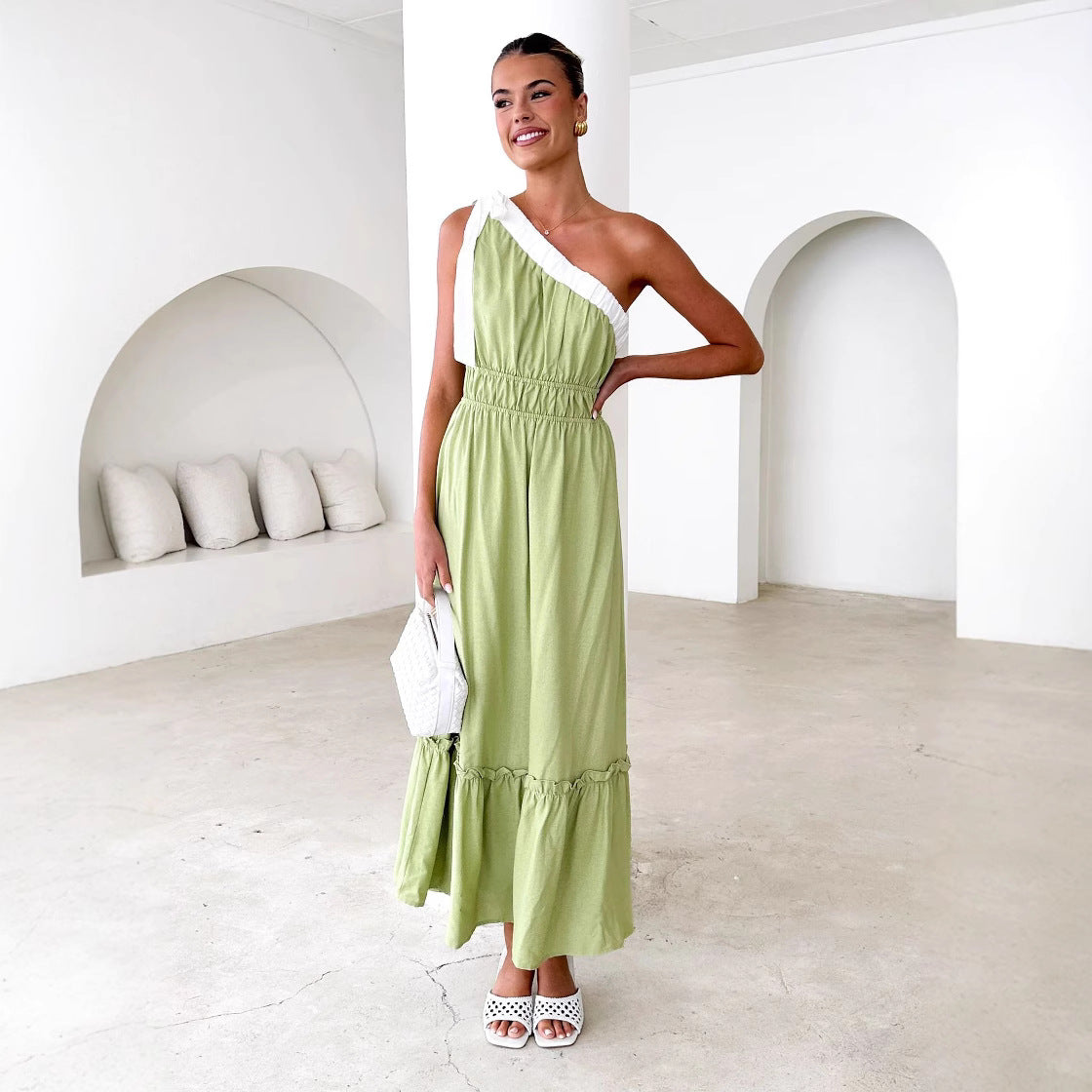 Women’s One-Shoulder Dress – Cotton Blend – A-Line Fit – Ruffle Hem – Midi Length