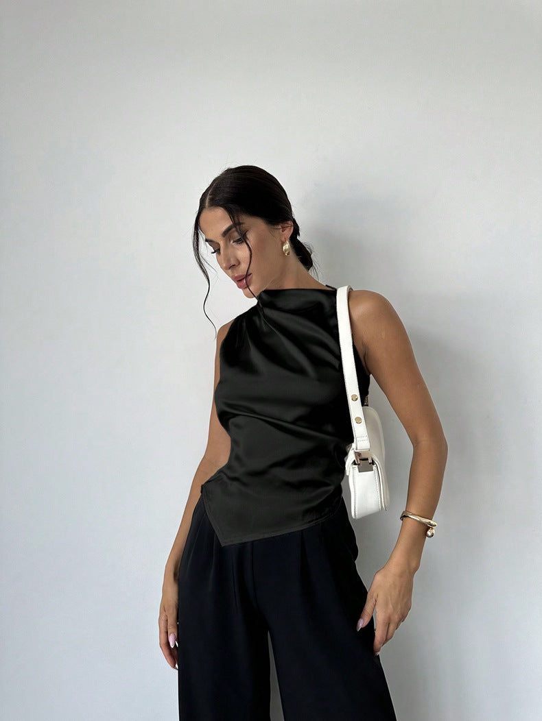 Women’s Sleeveless Blouse – Slim Fit – High Neck – Draped Front – Luxury Fabric